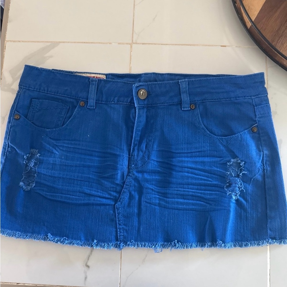 Blue Denim Mini Skirt - Casual Distressed Style